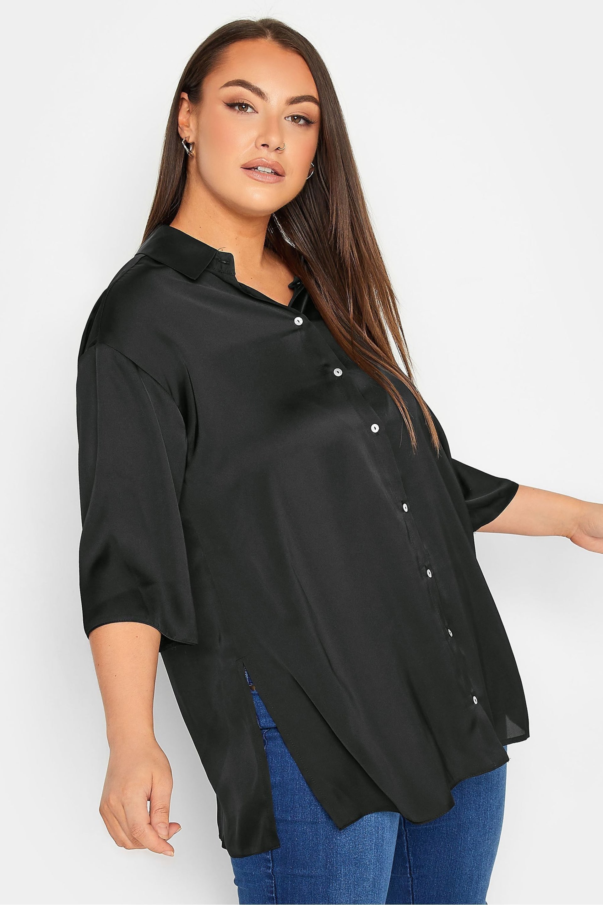 Yours Curve Black Collared 3/4 Sleeved Shirt - Image 1 of 4