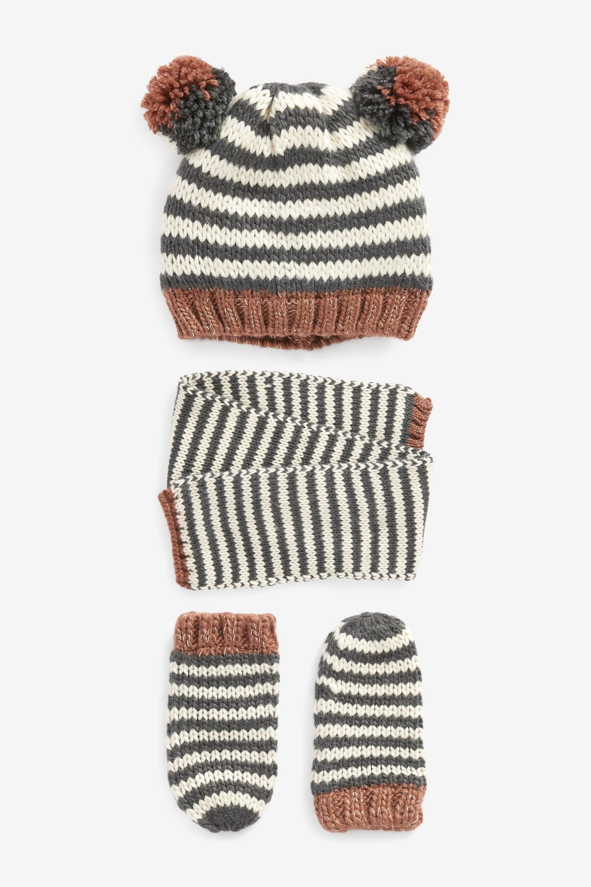 Neutral Stripe Pom Hat, Mitts And Scarf 3 Piece Set (3mths-6yrs) - Image 1 of 2