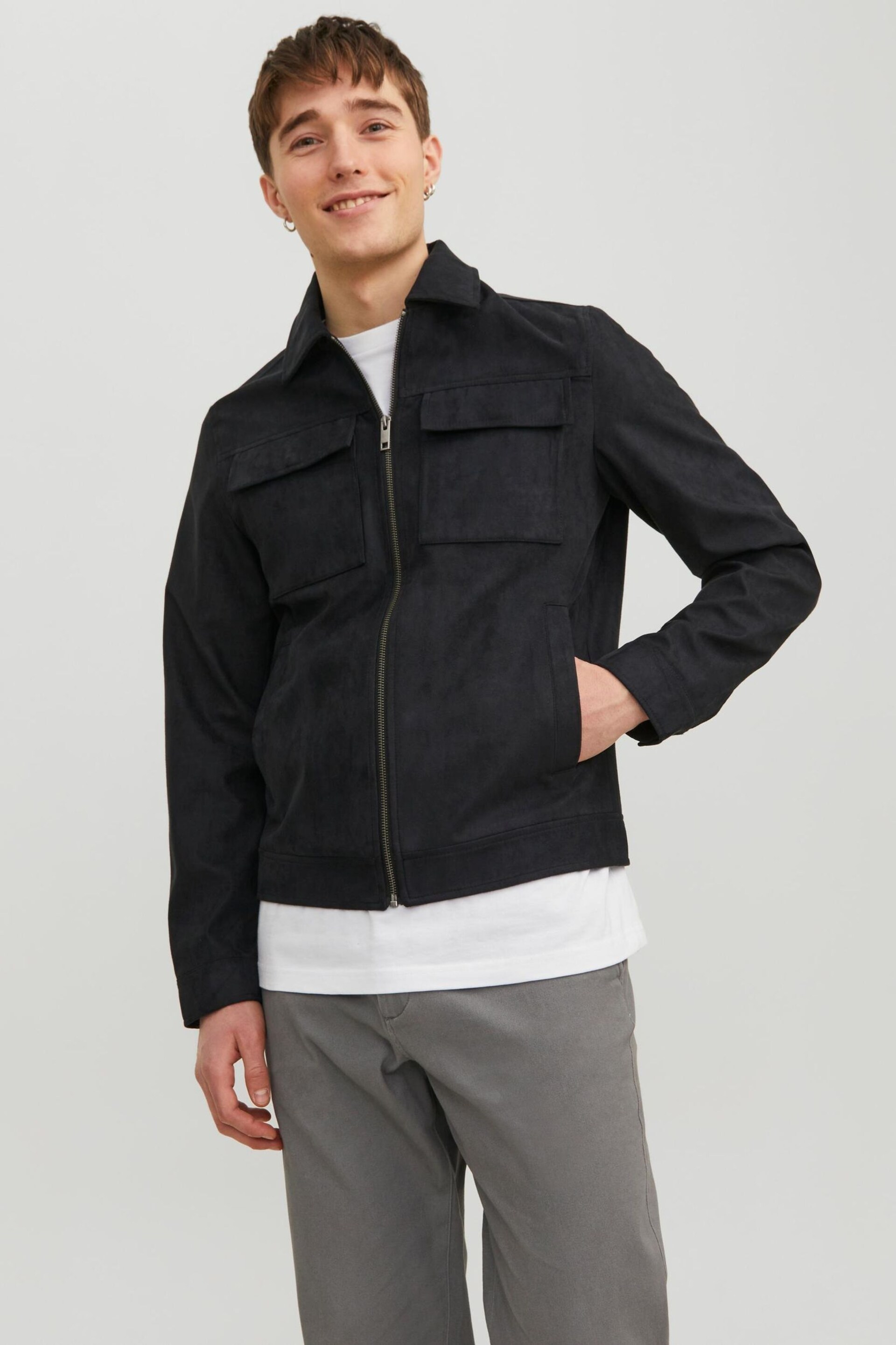 JACK & JONES Black Faux Leather Utility Zip Up Jacket - Image 1 of 7