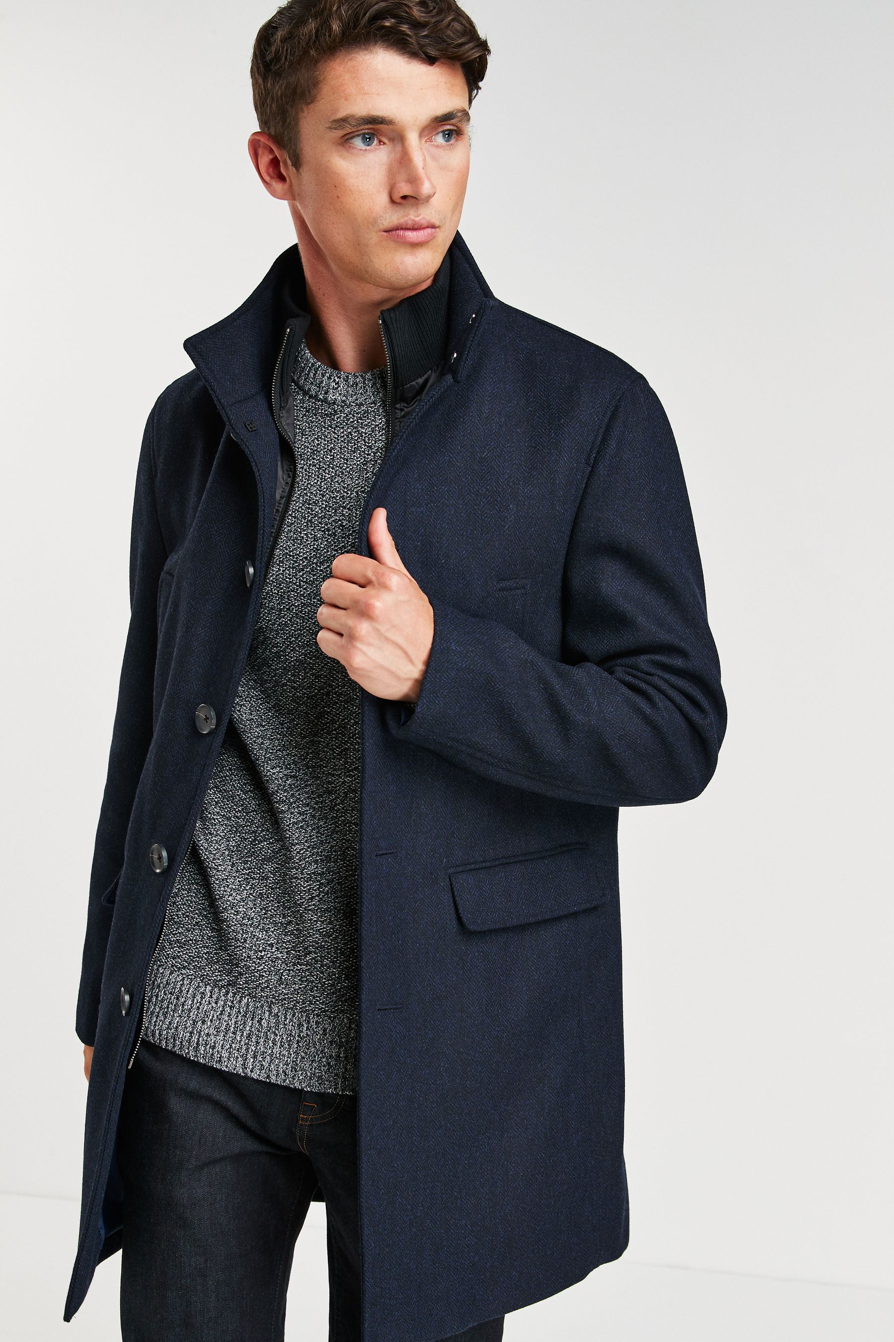 Buy Navy Blue Wool Blend Mock Gilet Herringbone Padded Coat from the Next UK online shop
