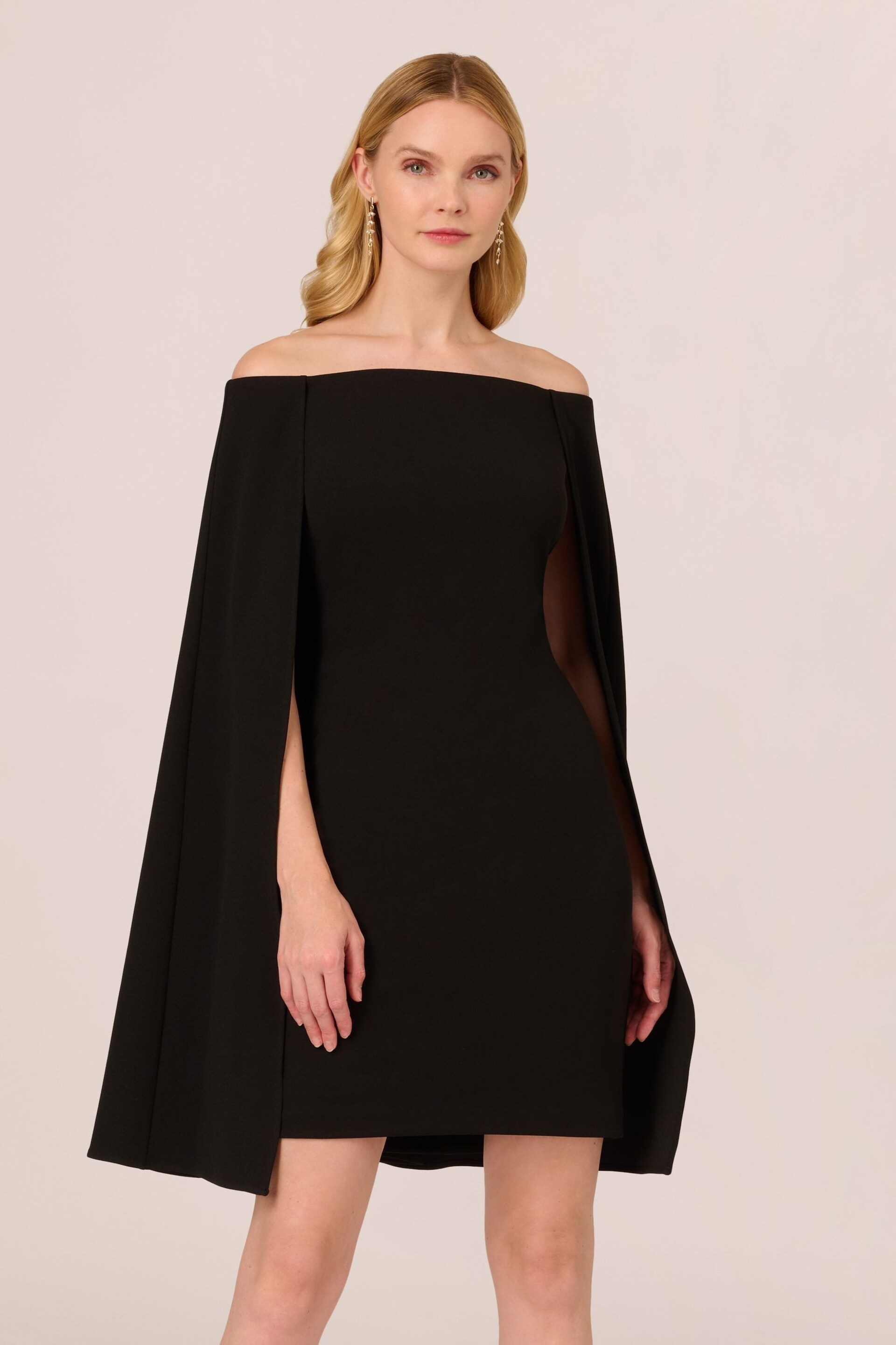 Adrianna Papell Off Shoulder Cape Black Dress - Image 1 of 7