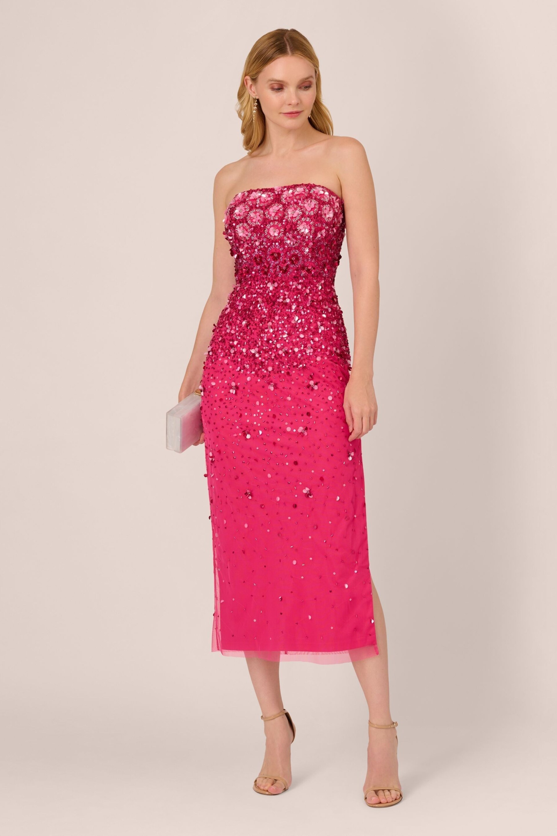 Adrianna Papell Pink Beaded Strapless Dress - Image 1 of 7