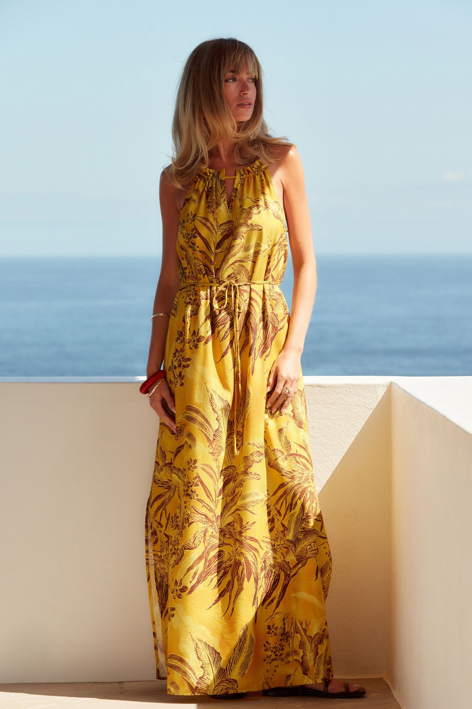 Buy Ochre Yellow Leaf Print Strappy Maxi Summer Dress from Next Luxembourg