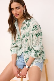 Ecru White/Green Print Long Sleeve Collared Summer Shirt - Image 2 of 6