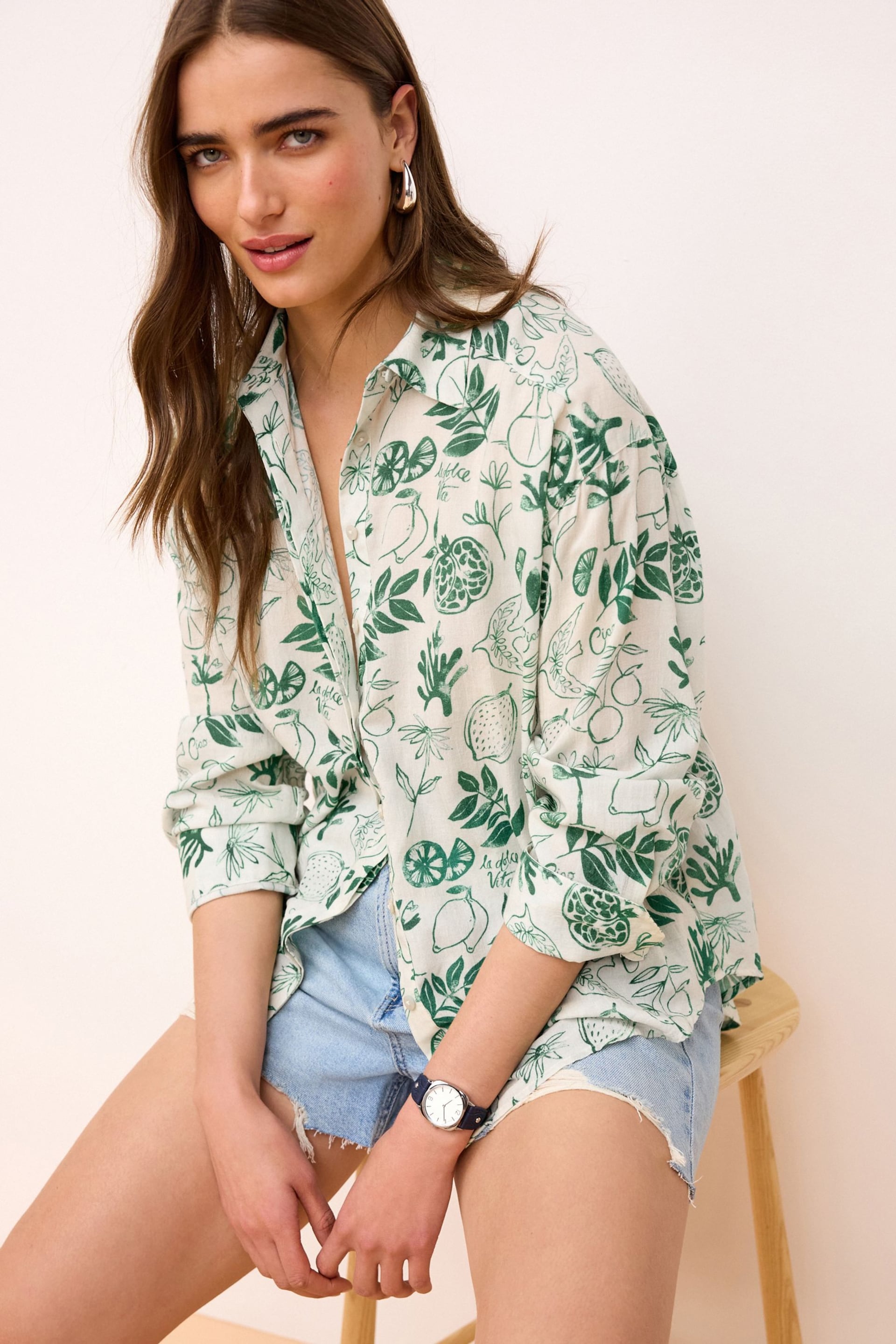 Ecru White/Green Print Long Sleeve Collared Summer Shirt - Image 2 of 6
