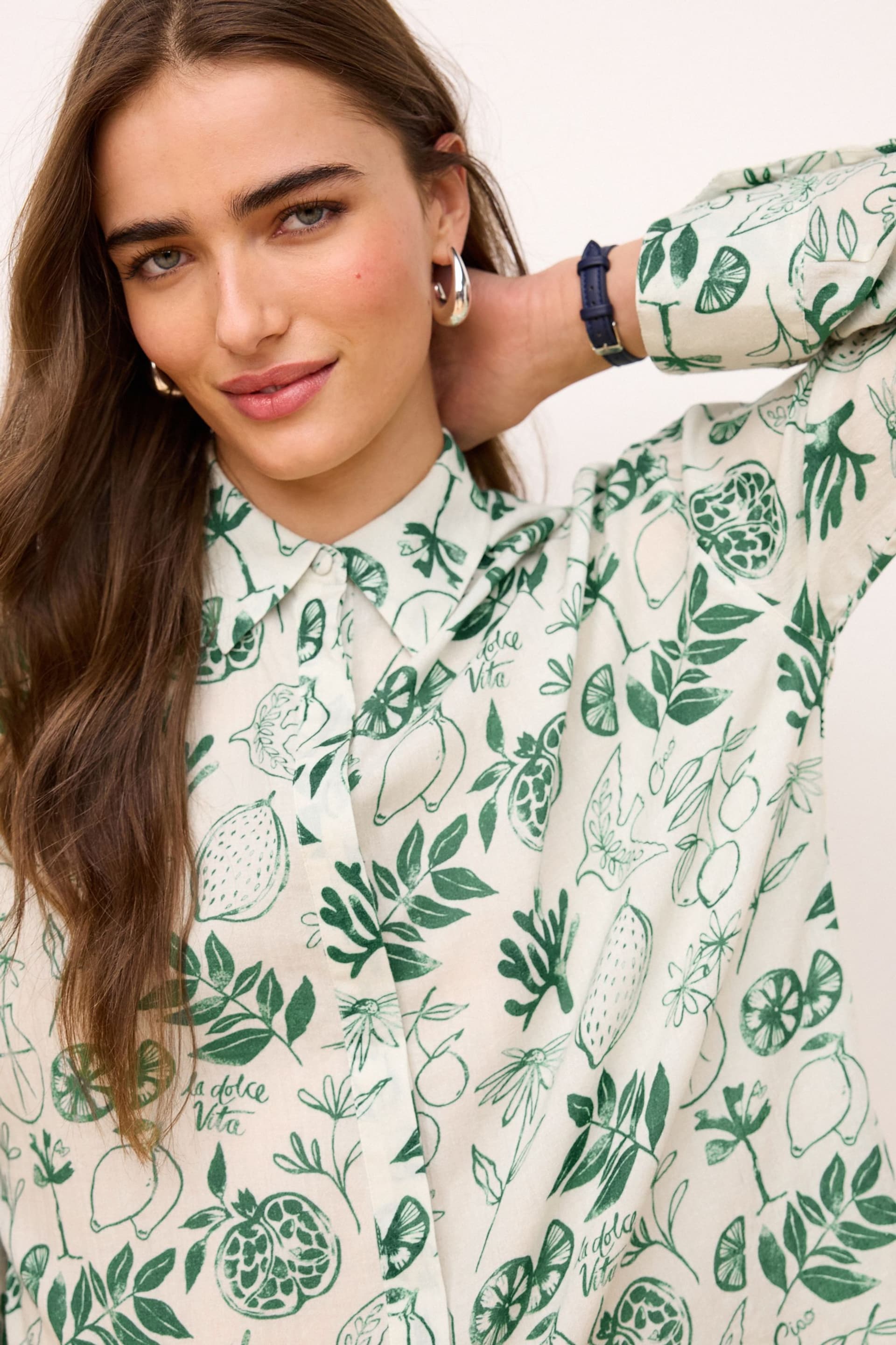 Ecru White/Green Print Long Sleeve Shirt - Image 4 of 6