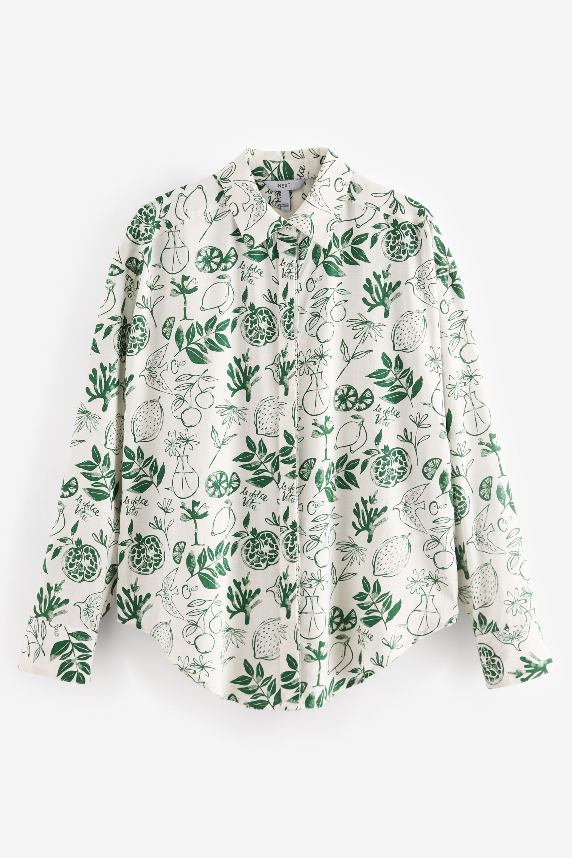 Ecru White/Green Print Long Sleeve Collared Summer Shirt - Image 5 of 6