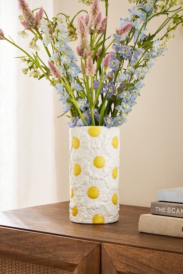 White Daisy Ceramic Cylinder Flower Vase