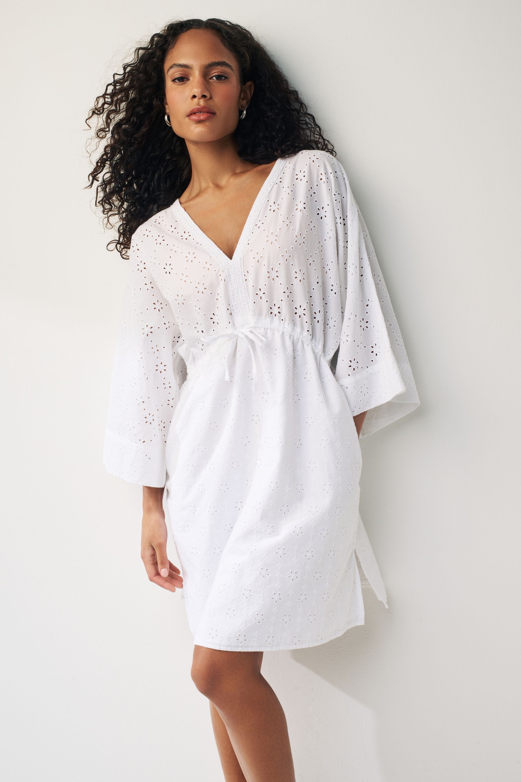Buy White Broderie Mini Kaftan Dress from Next Luxembourg