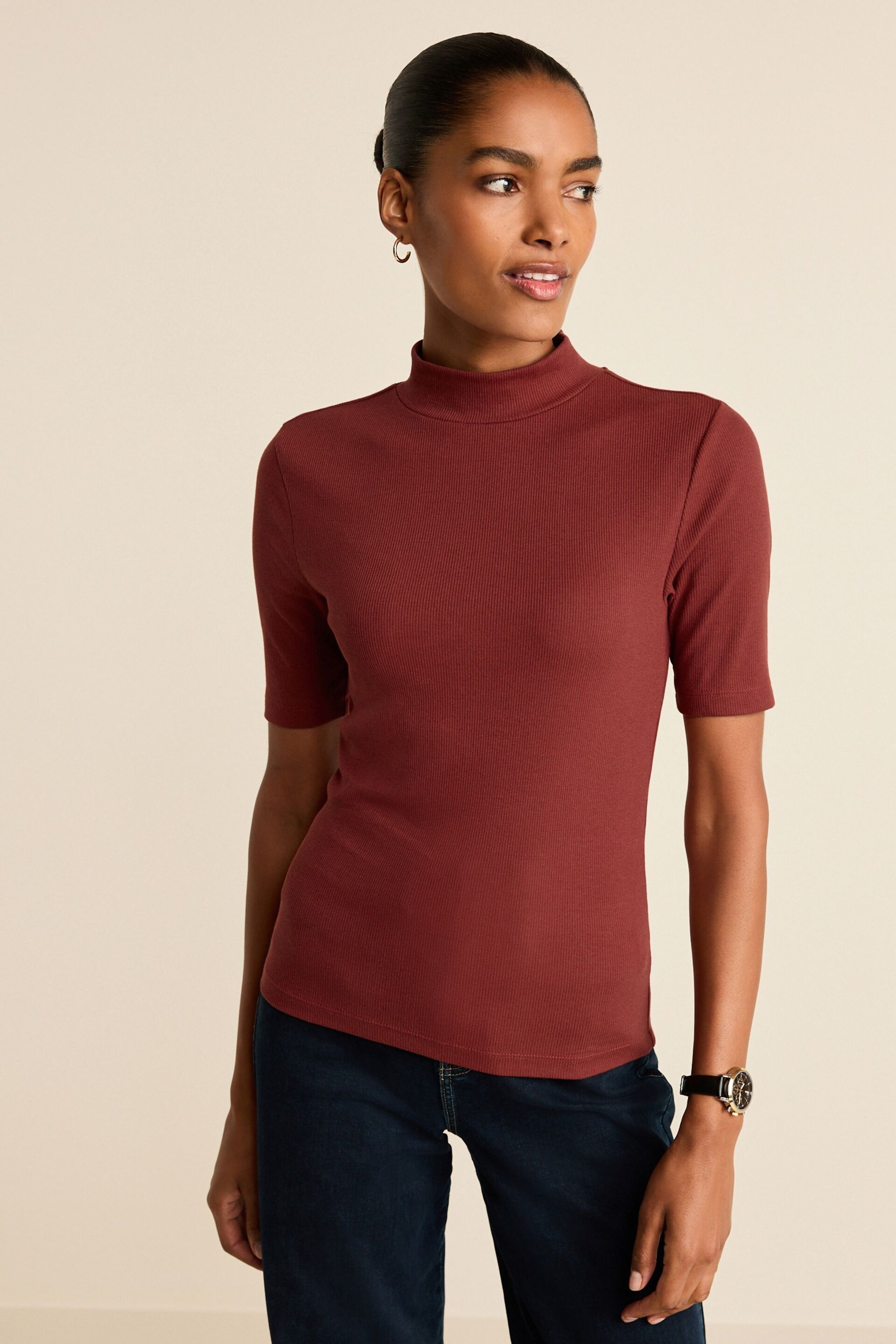 Brown Half Sleeve High Neck T-Shirt - Image 1 of 7