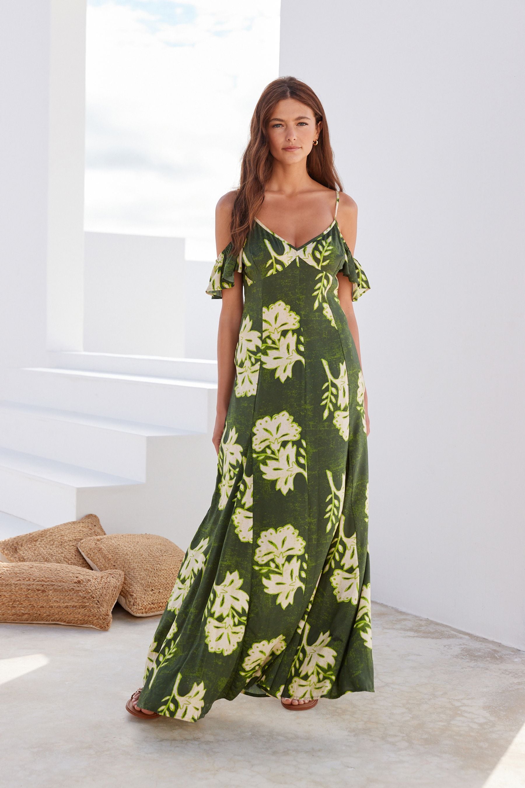 Green floral summer dress top
