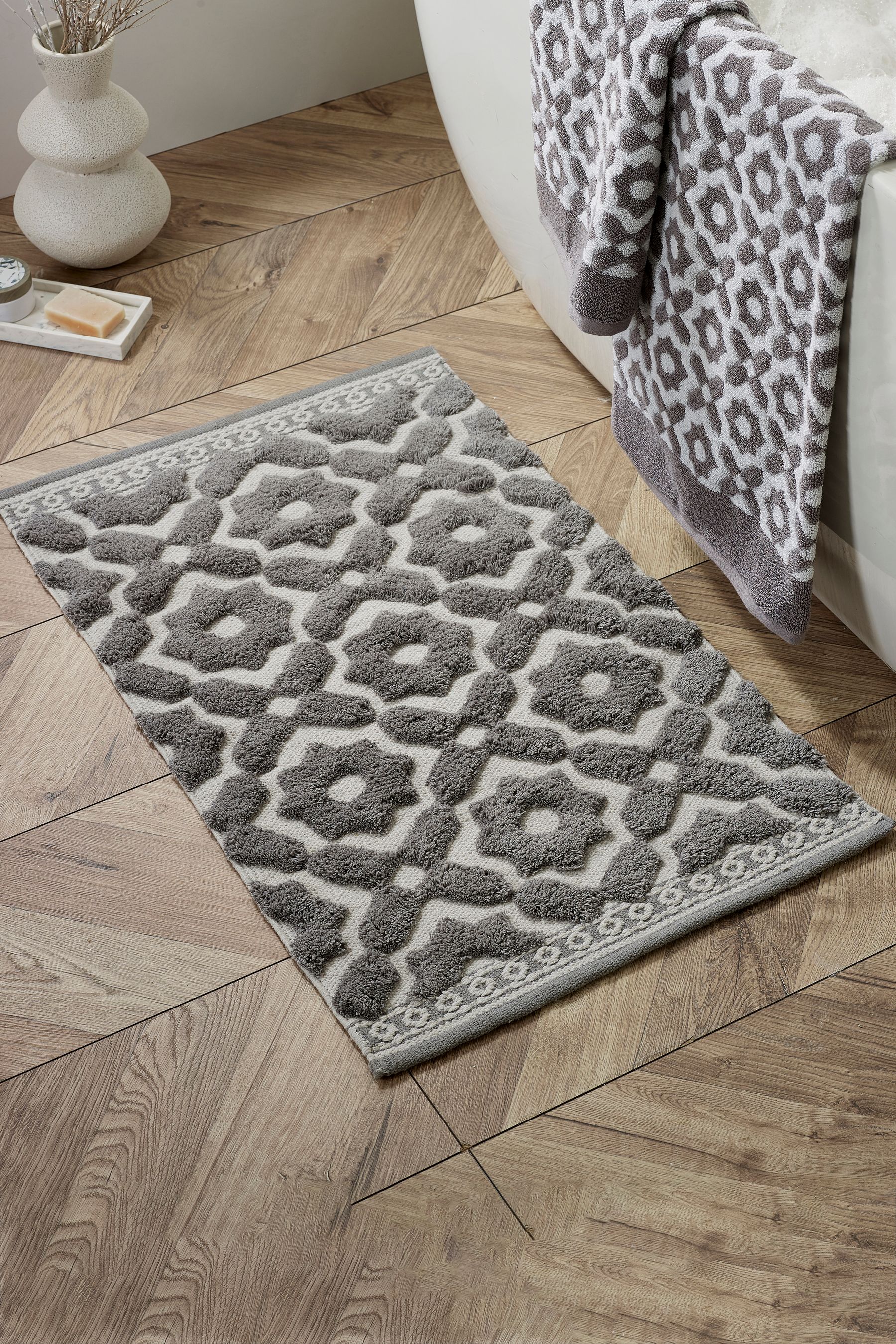 Buy Grey Tile Geo 100 Cotton Bath Mat from the Next UK online shop