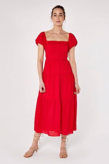 Apricot Red Self Check Tiered Midaxi Dress
