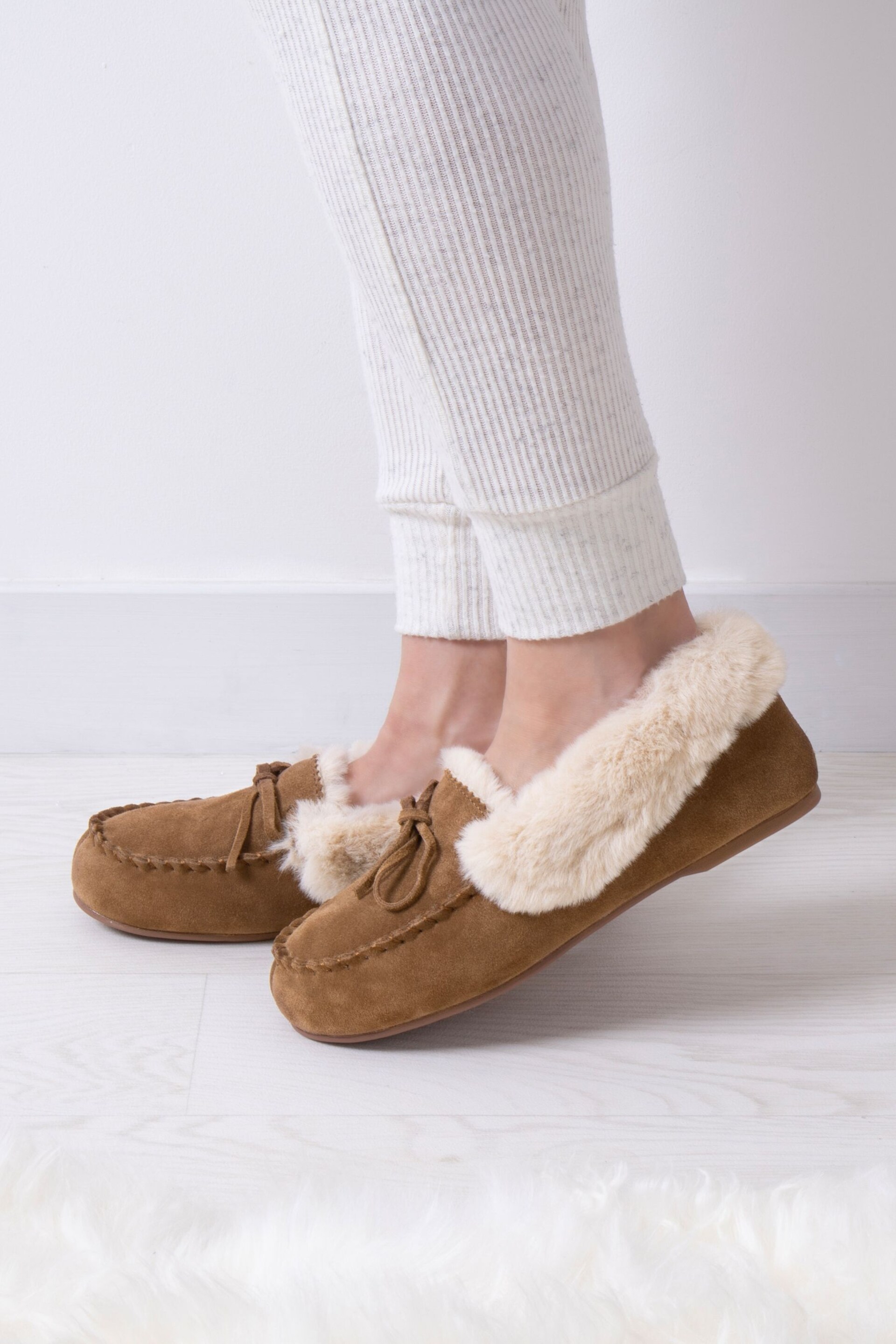 Totes Brown Isotoner Ladies Genuine Suede Moccasin with Faux Fur Lining - Image 1 of 5