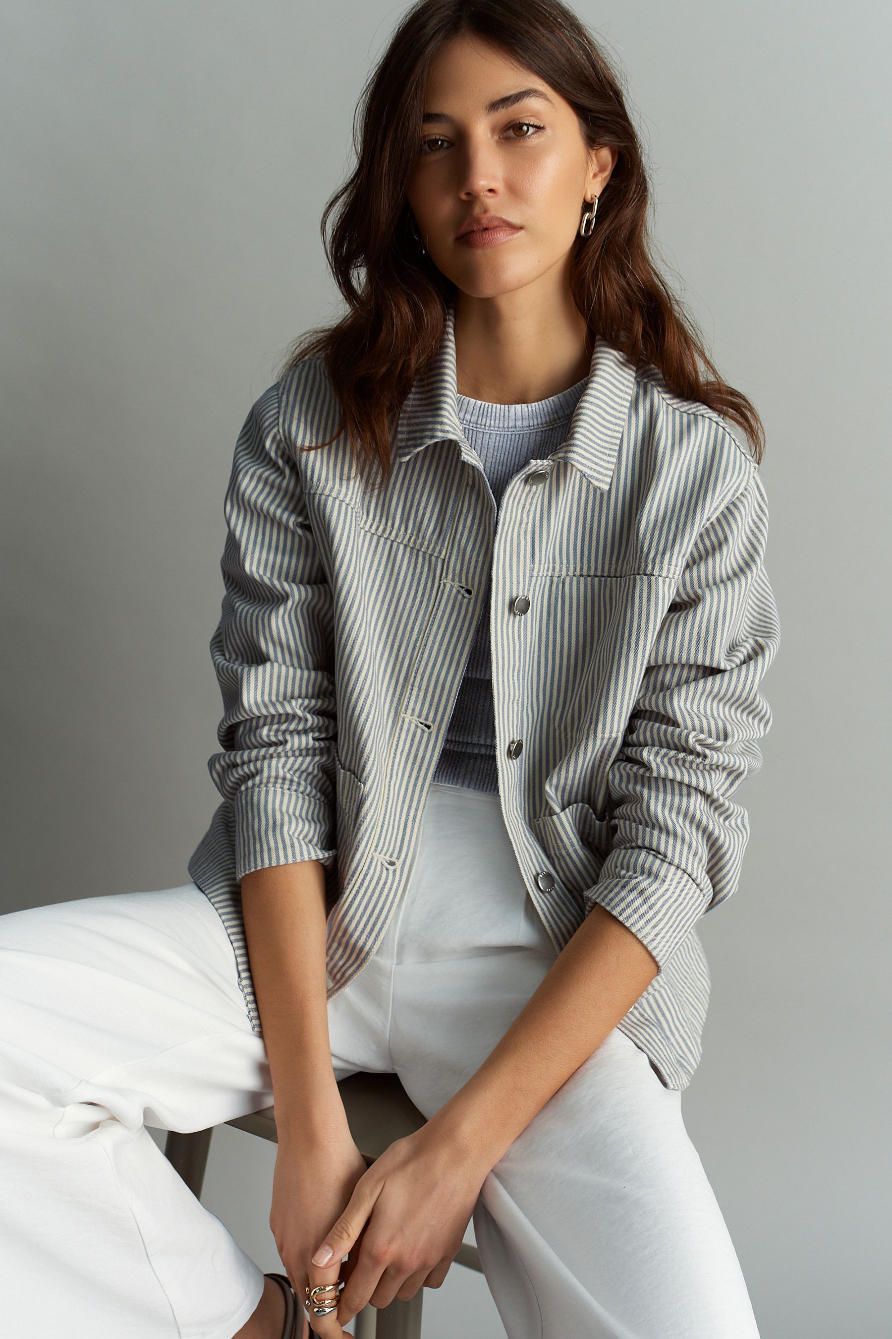 White and blue striped jacket on sale