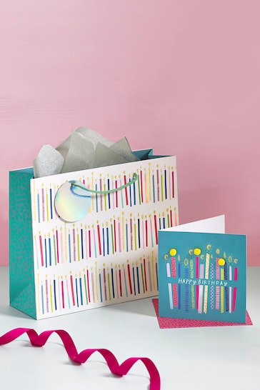 Teal Blue Candle Gift Bag and Card Set