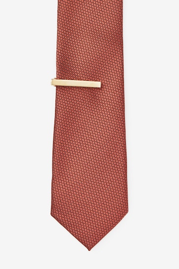 Rust Brown Slim Textured Tie And Clip