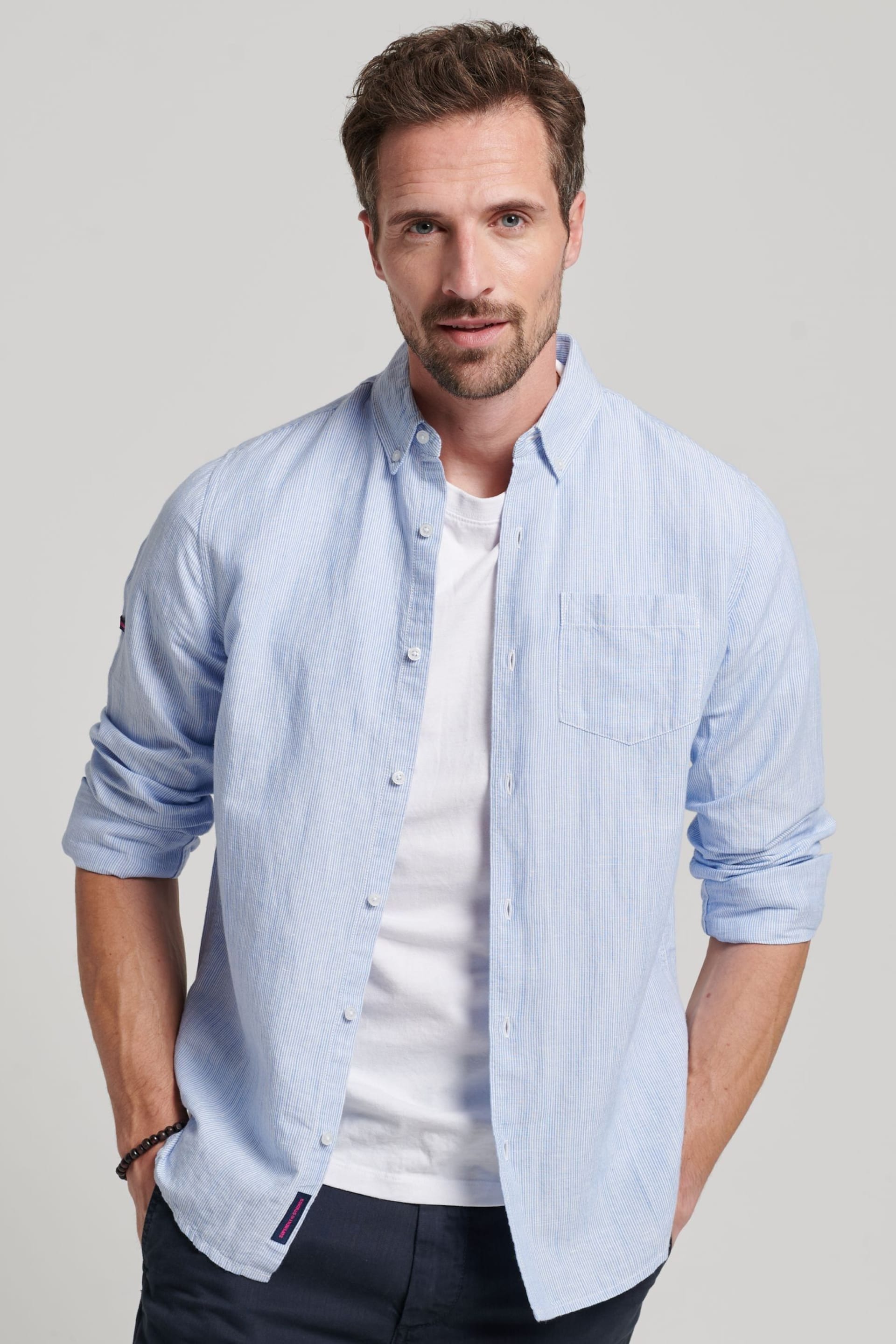 Superdry Blue Organic Cotton Studios Linen Button Down Shirt - Image 1 of 5