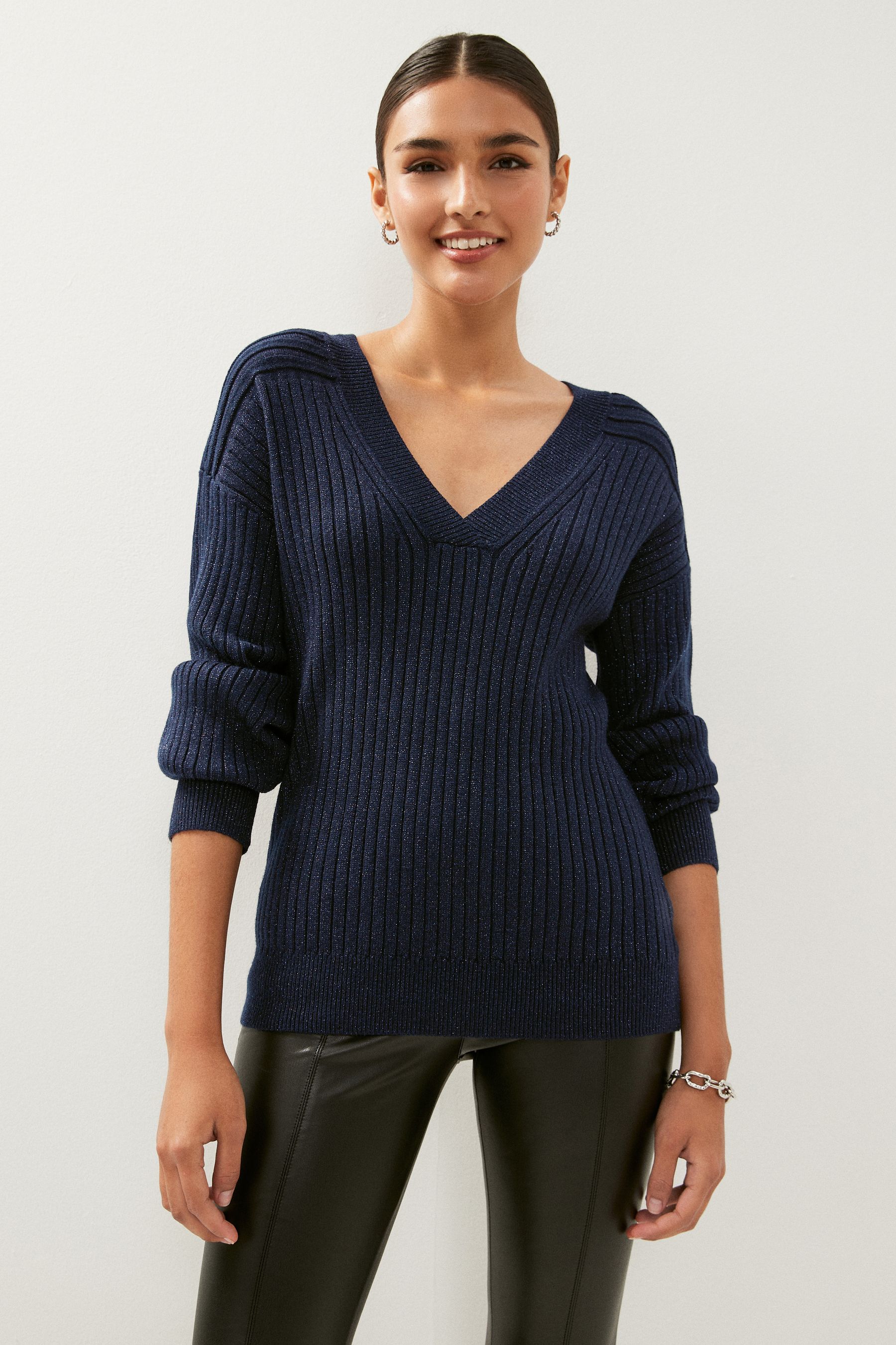 Buy Navy Sparkle Ribbed V Neck Jumper from Next Luxembourg