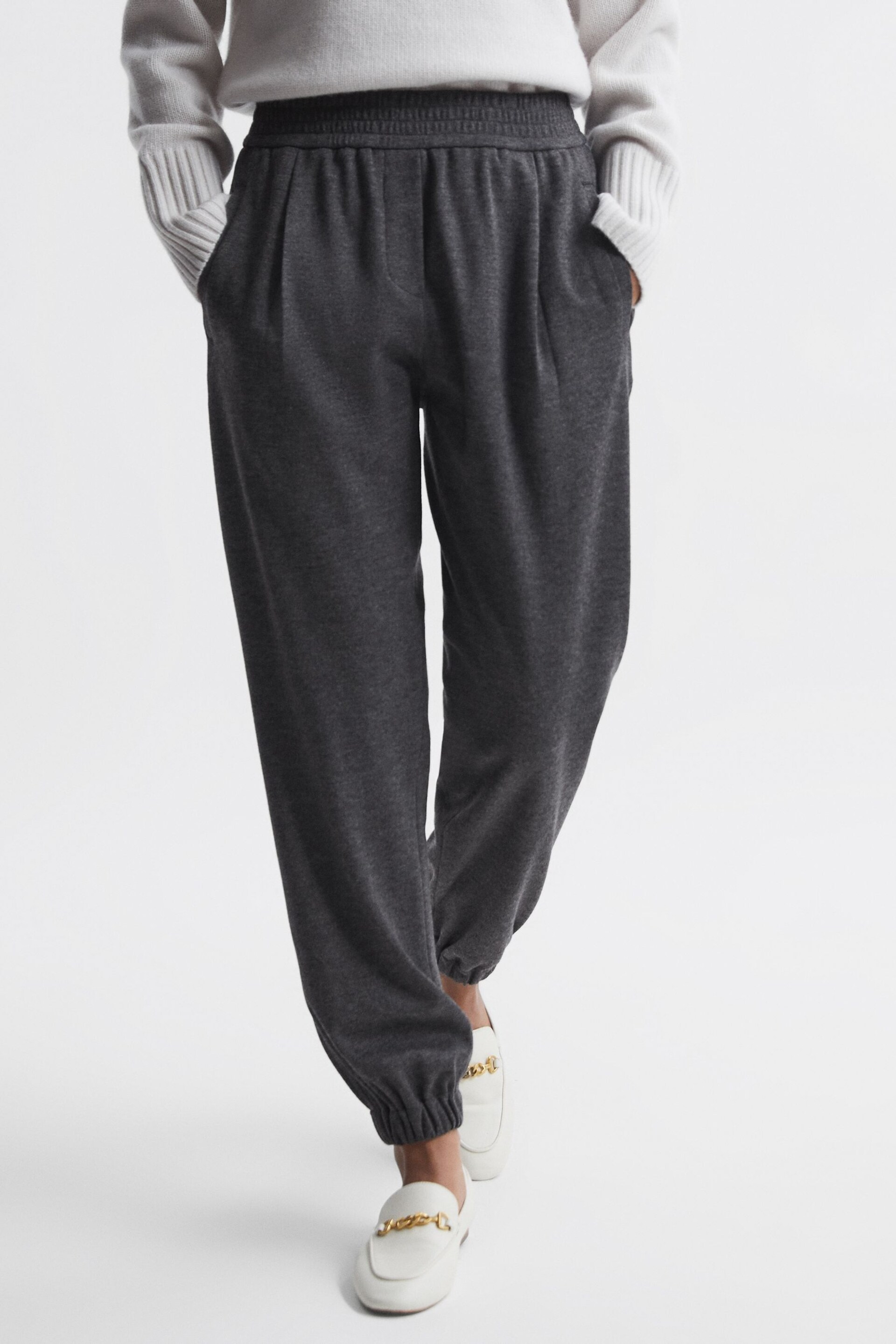 Reiss Charcoal Karina Wool Elasticated Pleat Front Joggers - Image 1 of 5