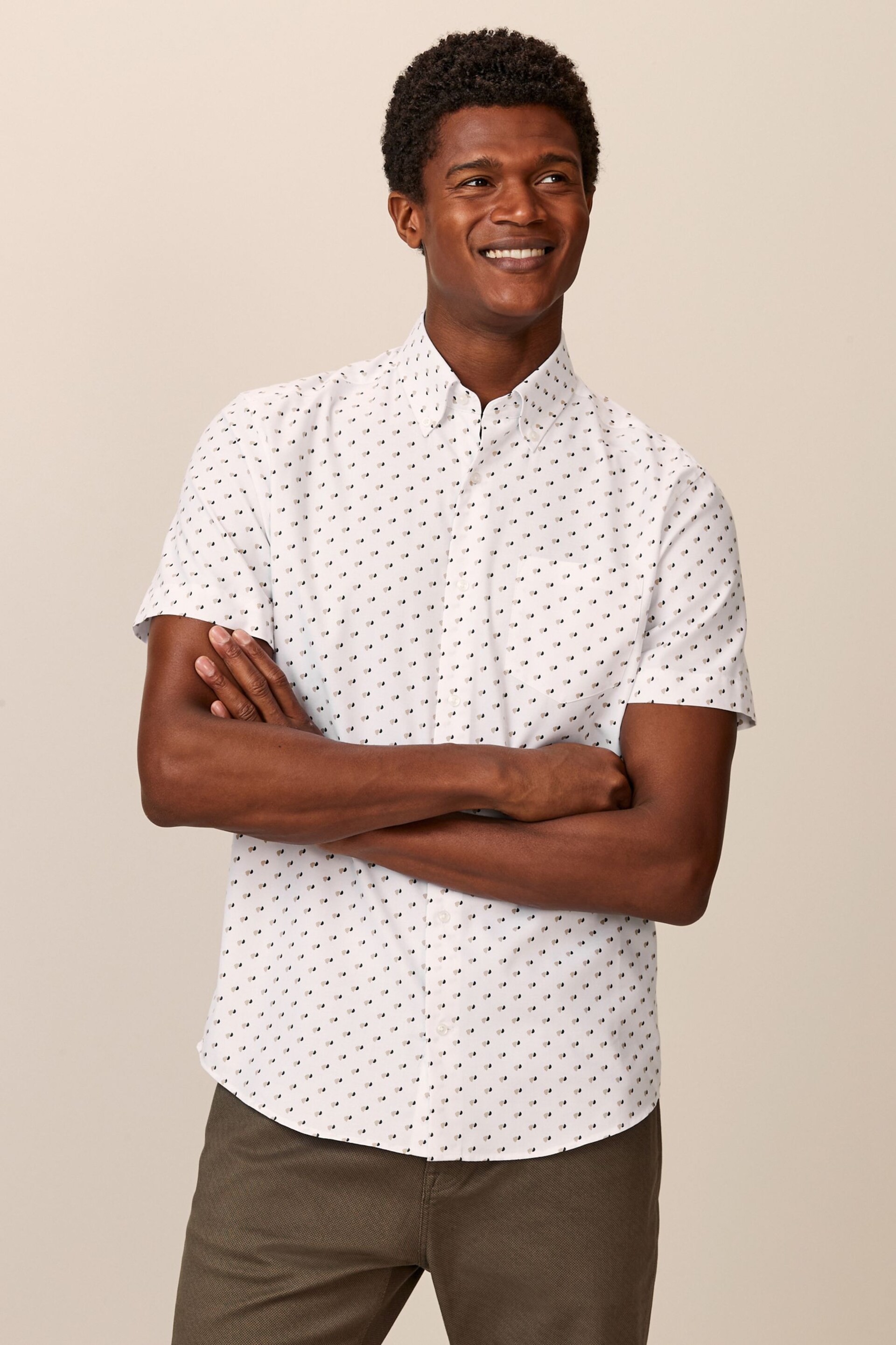 White/Neutral Brown Spot Easy Iron Button Down Short Sleeve Oxford Shirt - Image 1 of 6