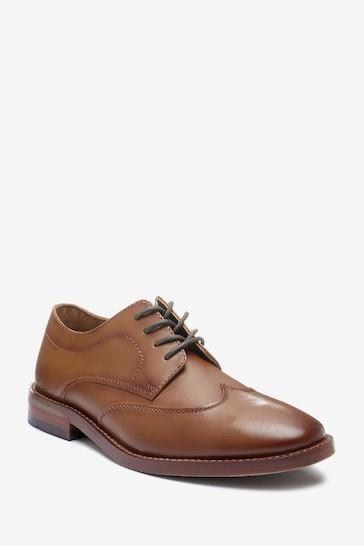 Tan Brown School Leather Wing Cap Lace-Up Shoes