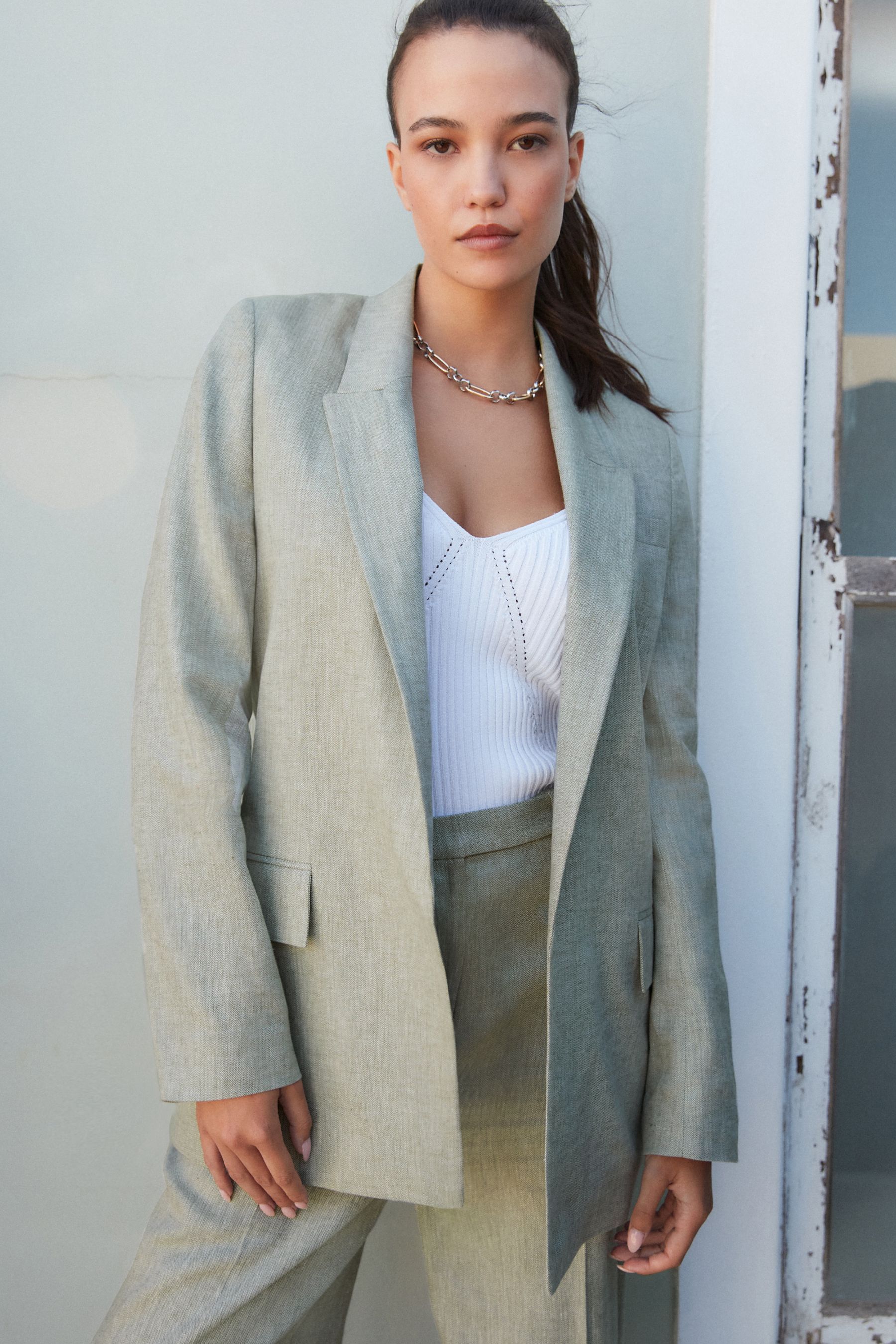 Khaki linen blazer store