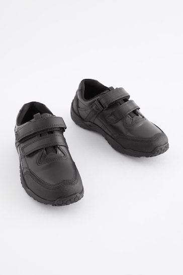 Black Extra Wide Fit (H) School Leather Double Strap Shoes