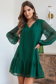 Pour Moi Green Sian Chiffon Long Sleeve Tiered Dress - Image 1 of 4