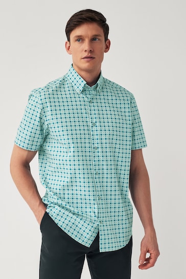 Teal Blue Geometric Regular Fit Printed Short Sleeve Shirt
