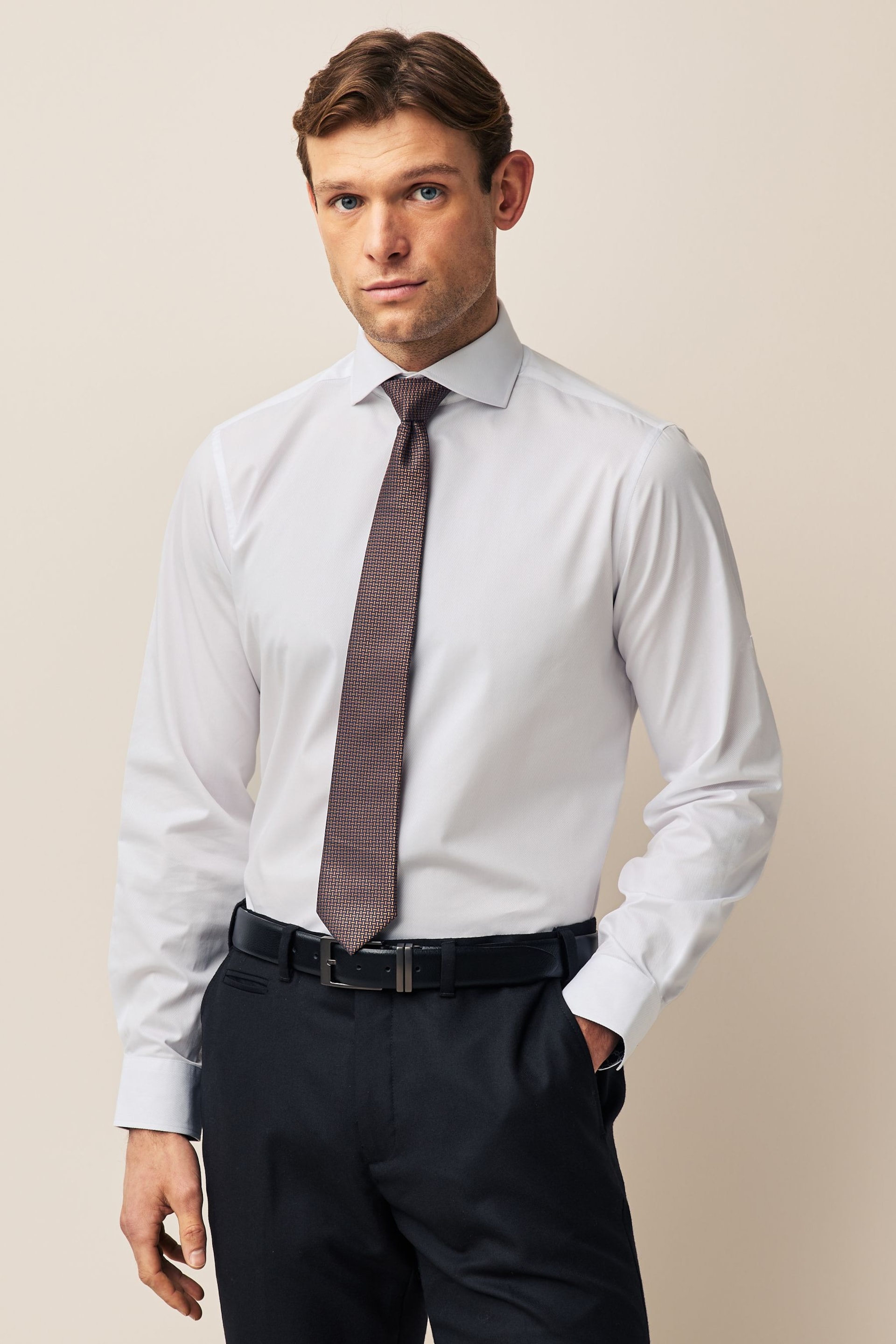 White/Bronze Brown Regular Fit Single Cuff Shirt And Tie Pack - Image 1 of 8