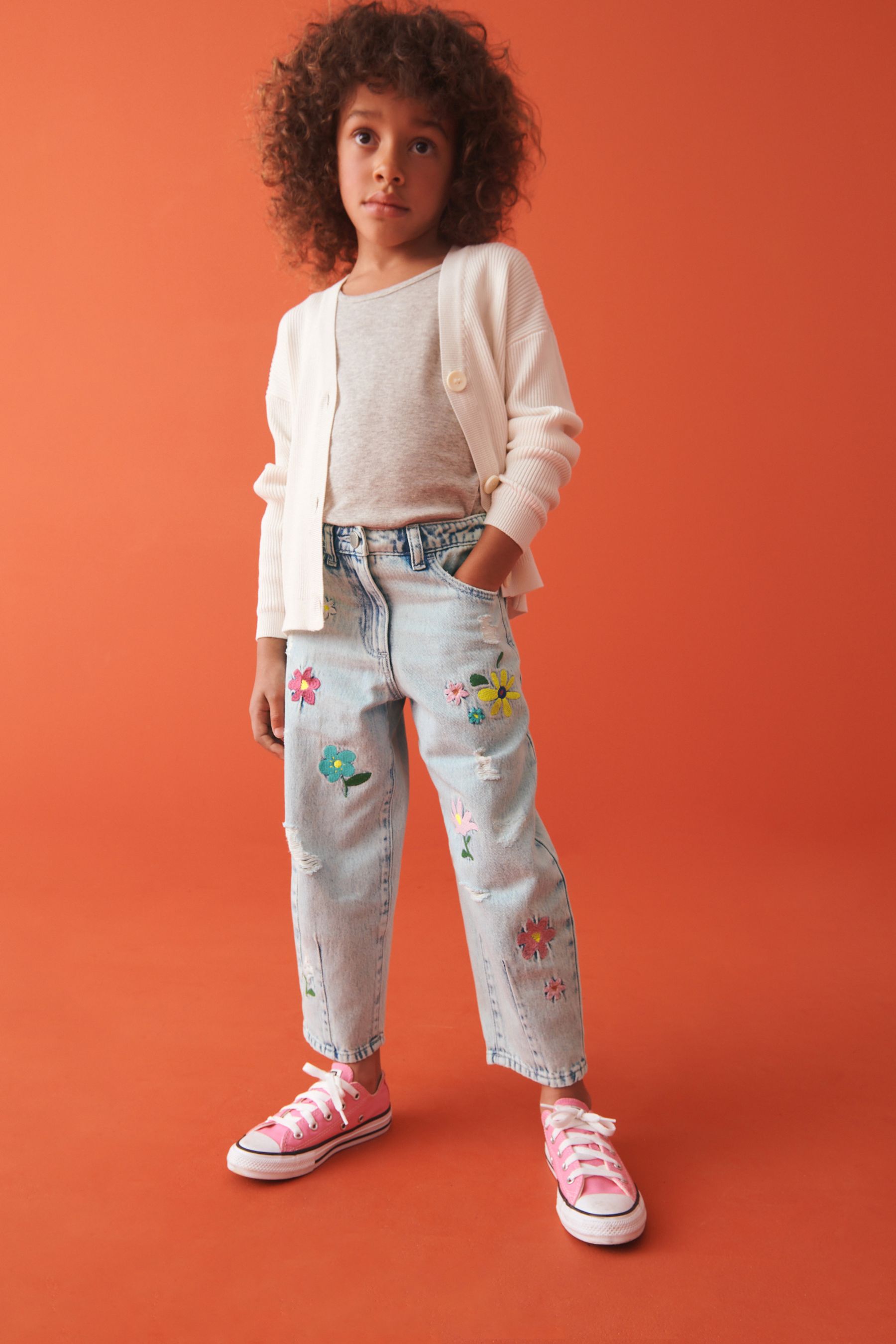 Light Blue Denim 100 Cotton Floral Embroidered Balloon Jeans 3 16yrs