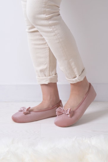 Totes Pink Isotoner Ladies Sparkle Velour Ballet Slippers