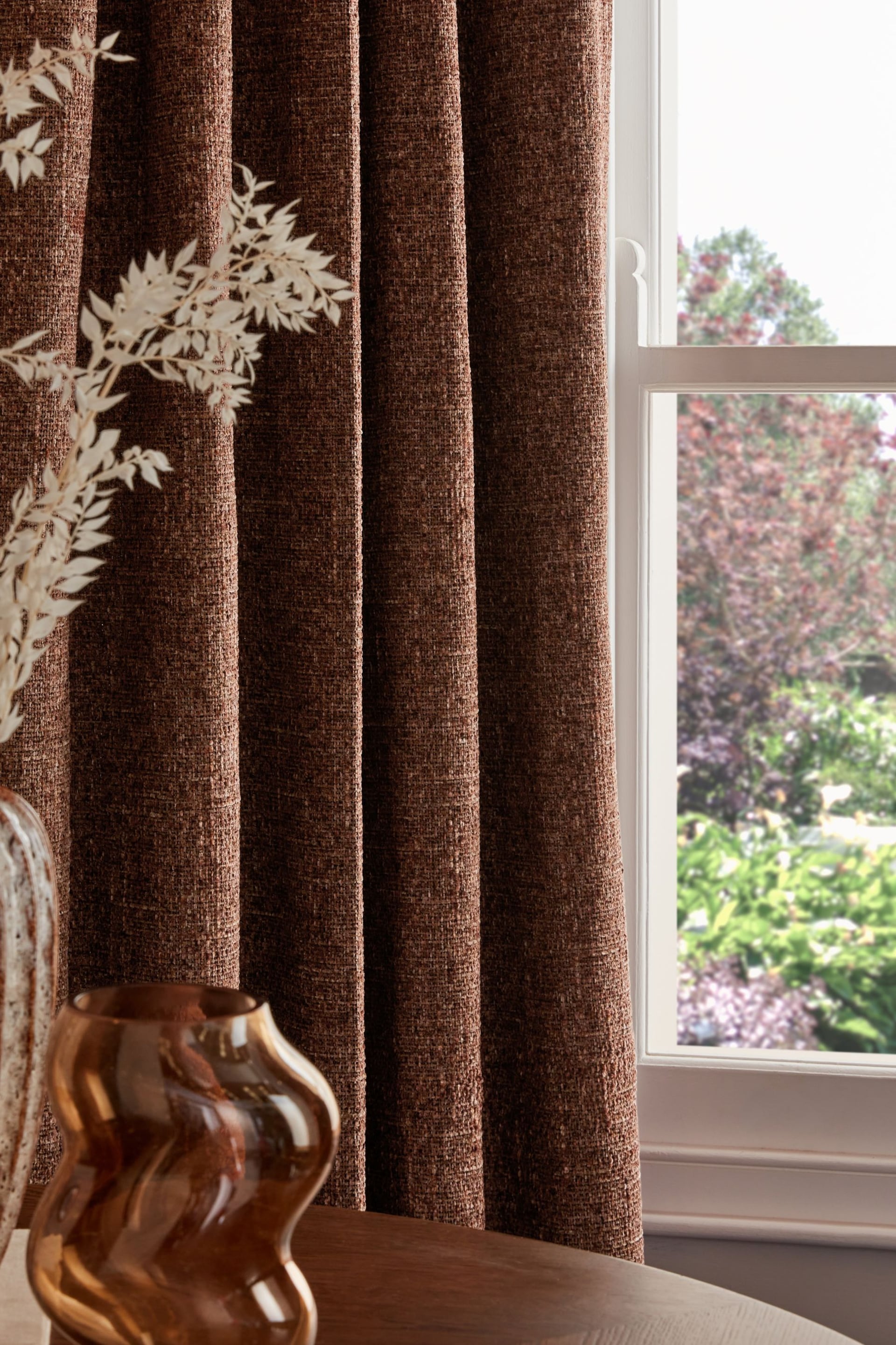 Rust Brown Next Multi Chenille Pencil Pleat Lined Curtains - Image 3 of 5