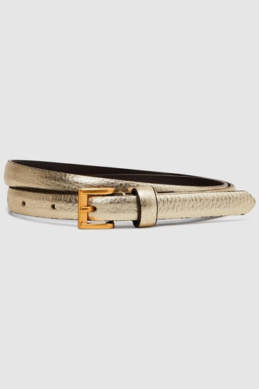 Reiss Gold Molly Mini Leather Metallic Thin Belt