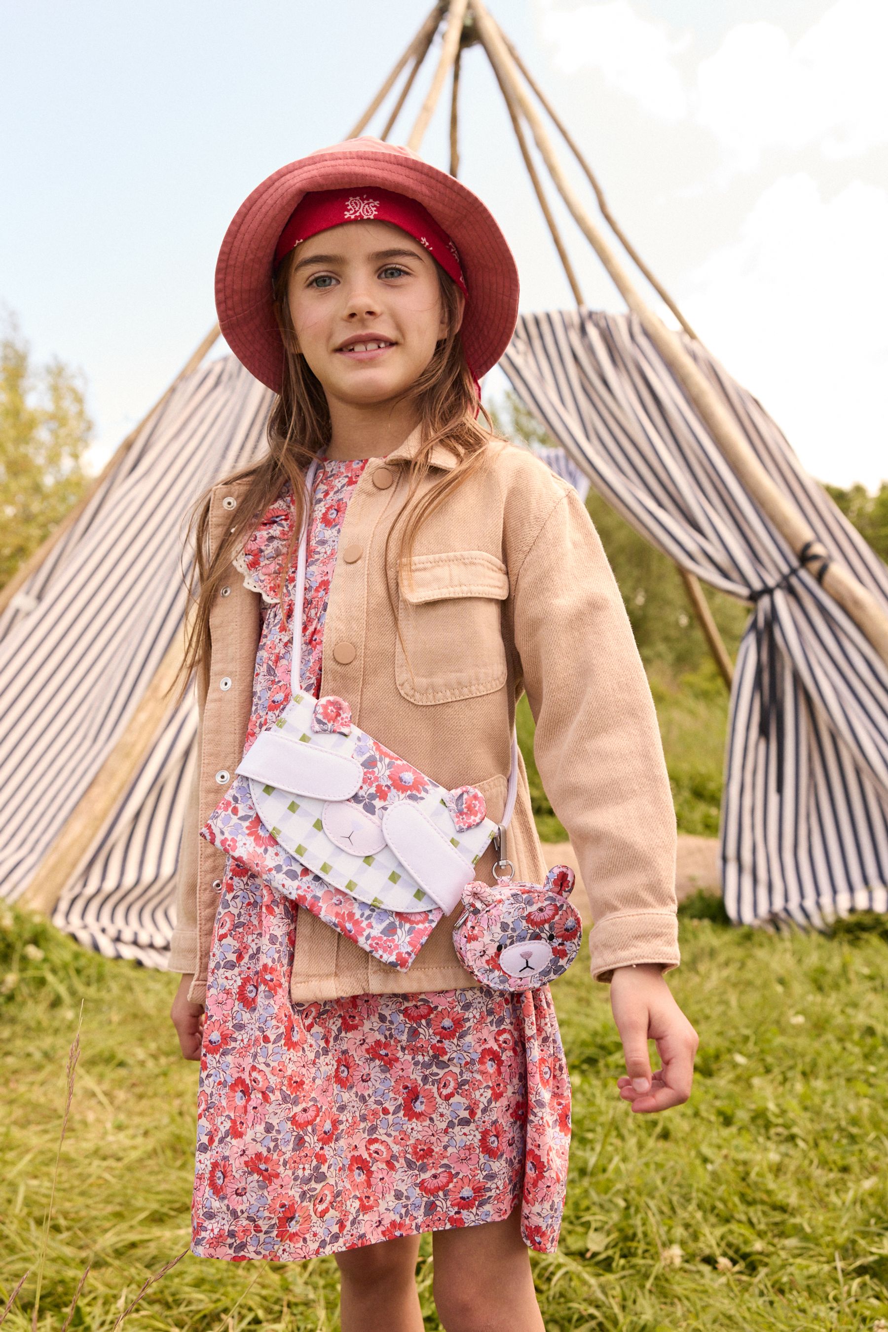 Cath Kidston Pink Blue Ditsy Floral Bear Cross Body Bag one Girls