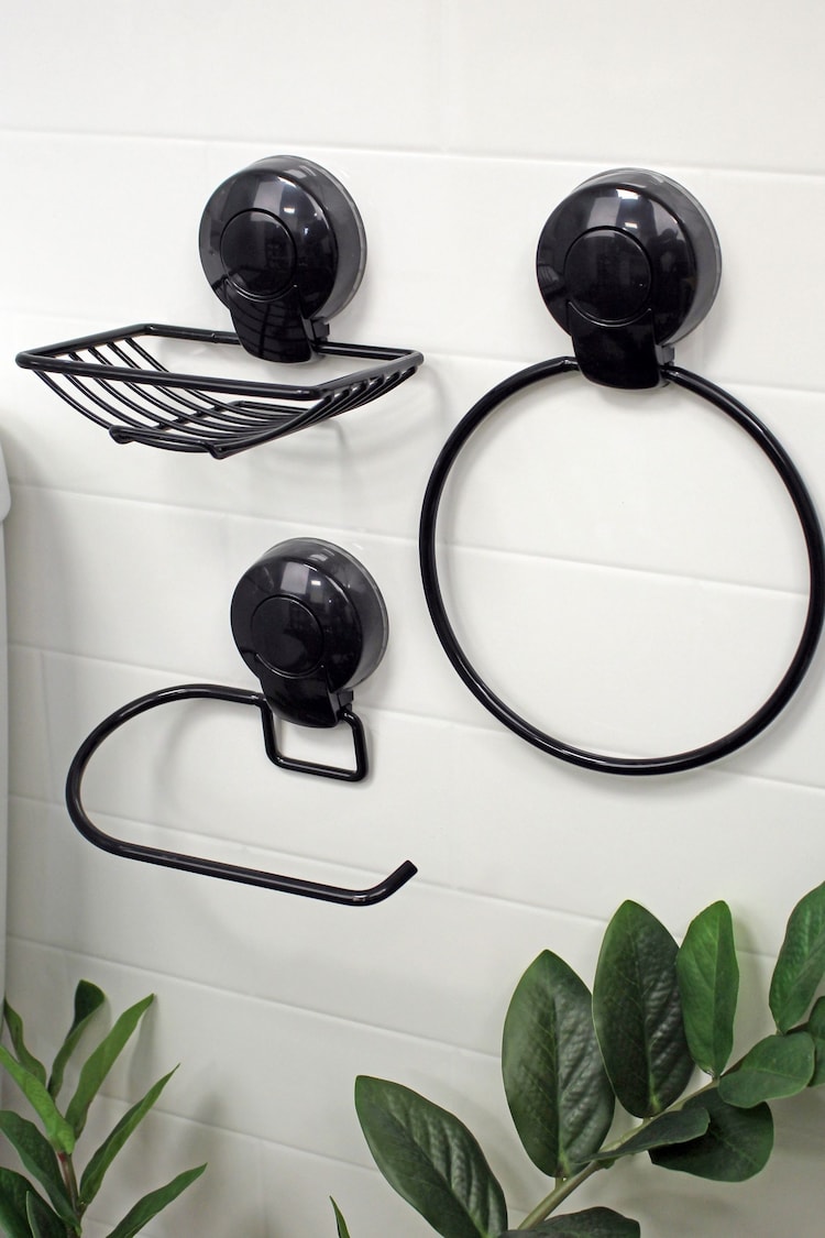 Showerdrape Black Suctionloc Set Of 3 Toilet Roll Holder Towel Ring and Soap Basket - Image 1 of 4