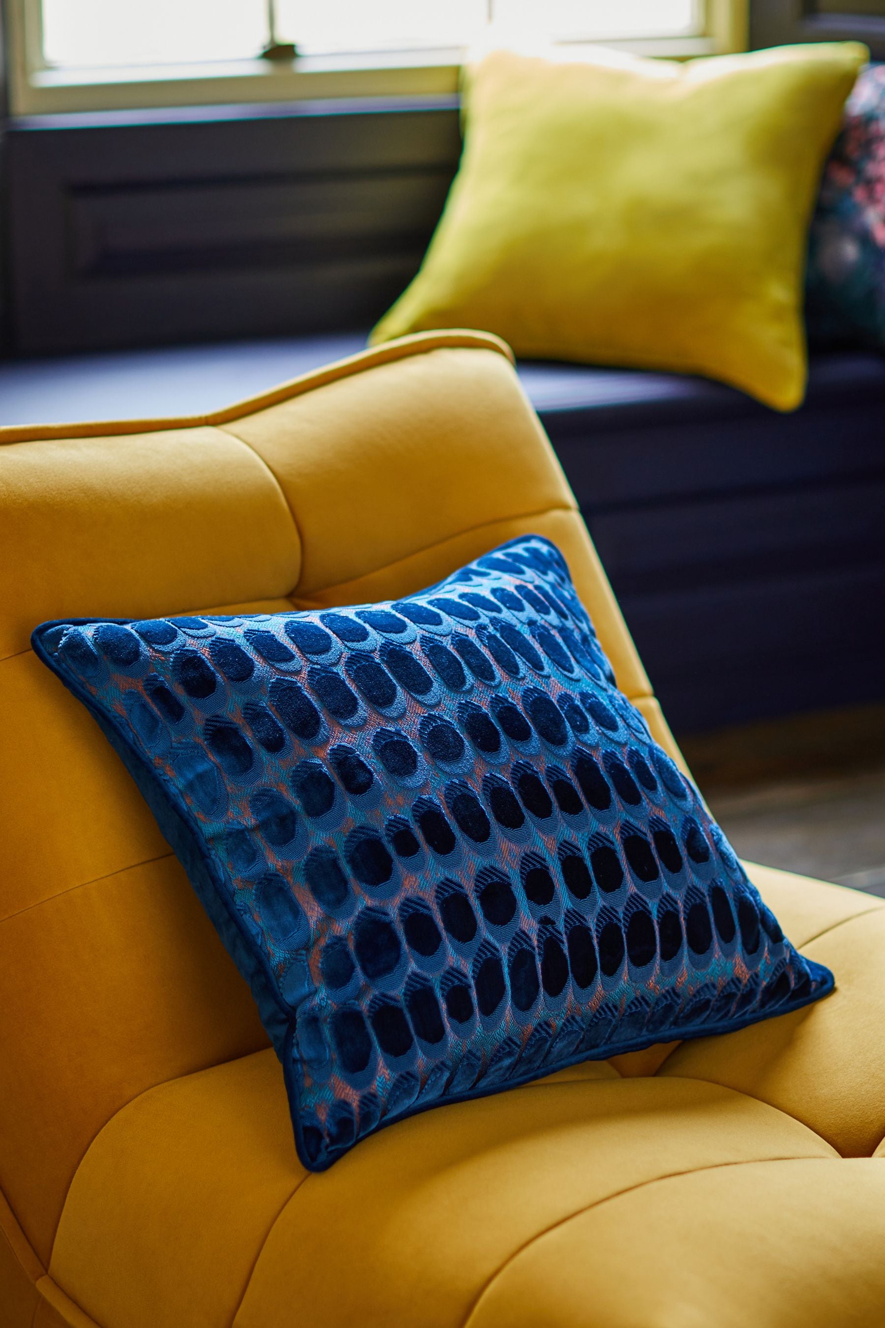 Navy blue outlet and yellow cushions