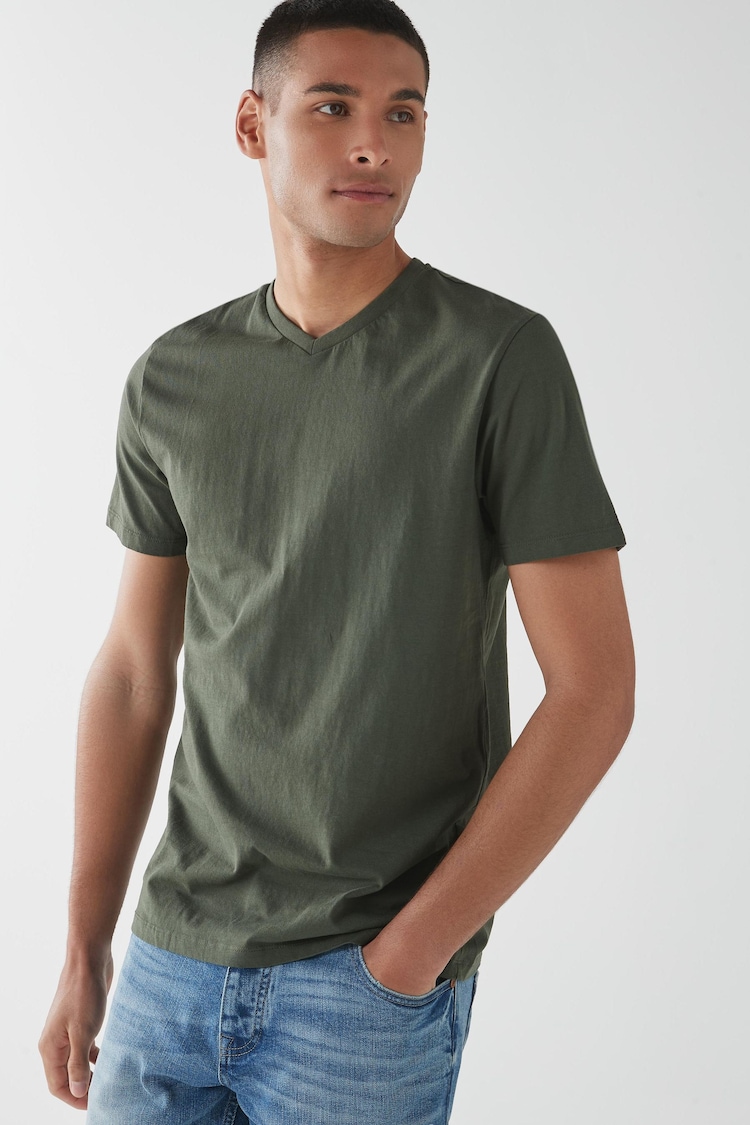 Dark Khaki Green Regular Fit Essential V-Neck 100% Cotton T-Shirt - Image 1 of 5