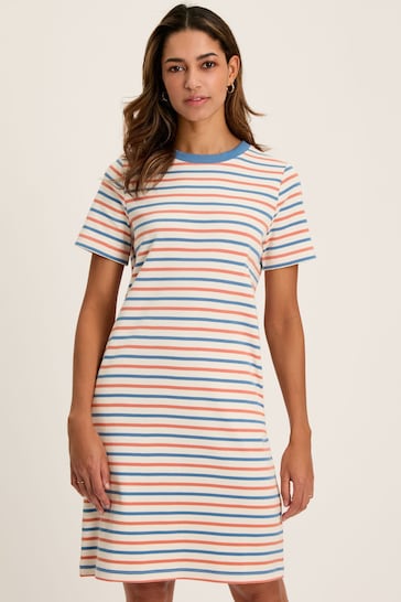 Joules Eden Coral & Blue Striped Short Sleeve Jersey Dress With Pockets