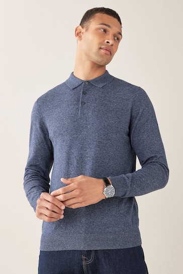 Blue Regular Knitted Long Sleeve Polo Shirt