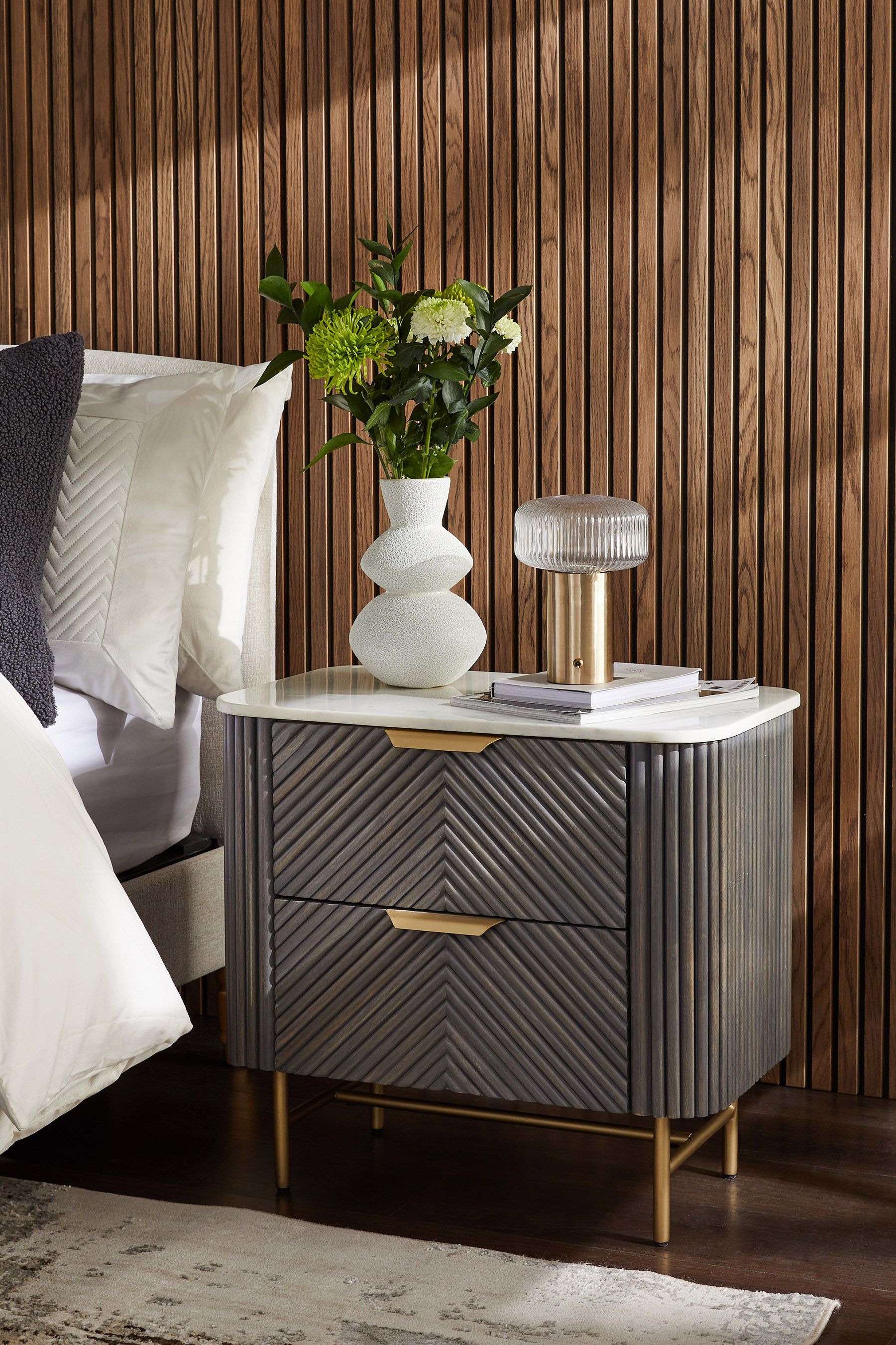 Buy Dark Grey Valencia Marble Mango Wood 2 Drawer Wide Bedside