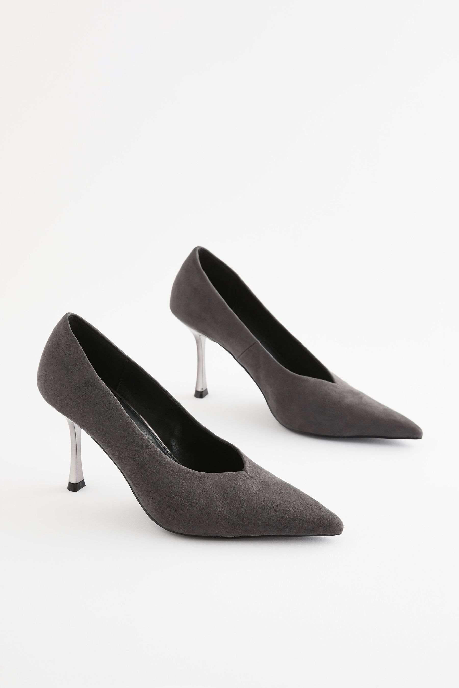 Grey heeled court shoes store