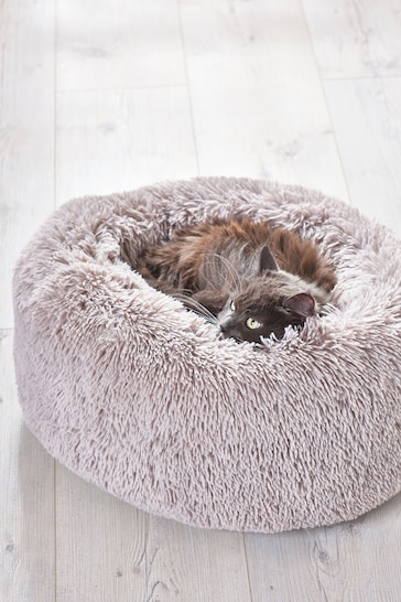 Grey Round Faux Fur Pet Bed