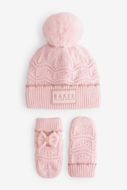 Baker By Ted Baker Girls Pink Scallop Knited Pom Hat and Mittens Set - Image 1 of 3