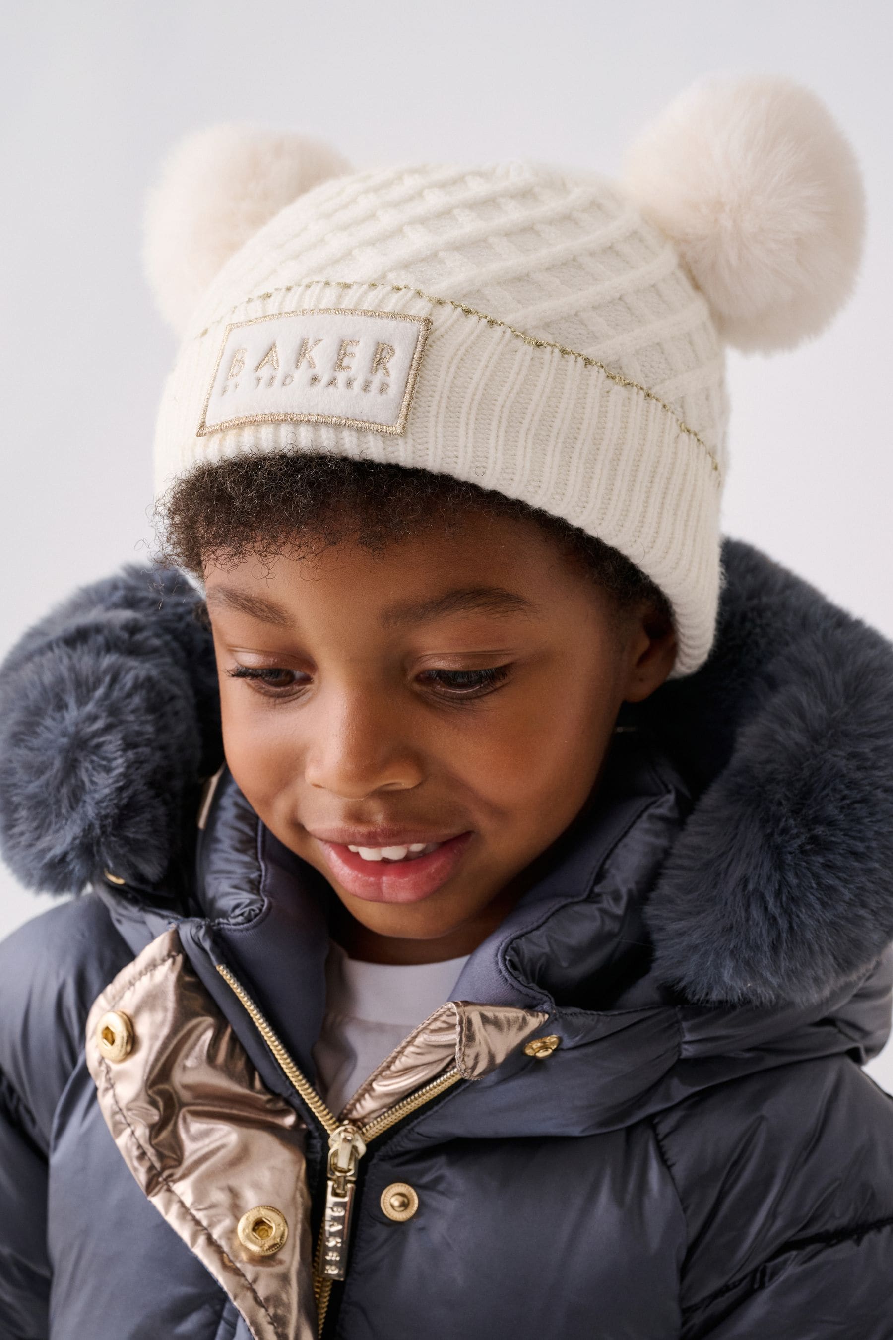 Buy Baker By Ted Baker Girls Cream Double Pom Eared Hat and Mittens Set from Next Czech Republic