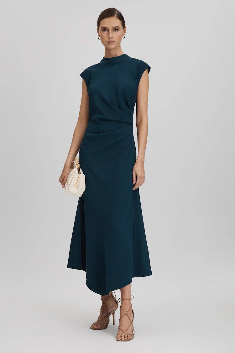 Reiss Teal Jessa Ruched Midi Dress - Image 1 of 6