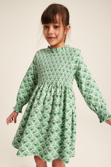 Joules Gracie Green Long Sleeve Shirred Dress