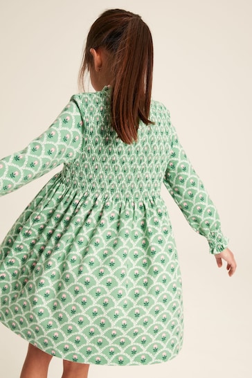 Joules Gracie Green Long Sleeve Shirred Dress
