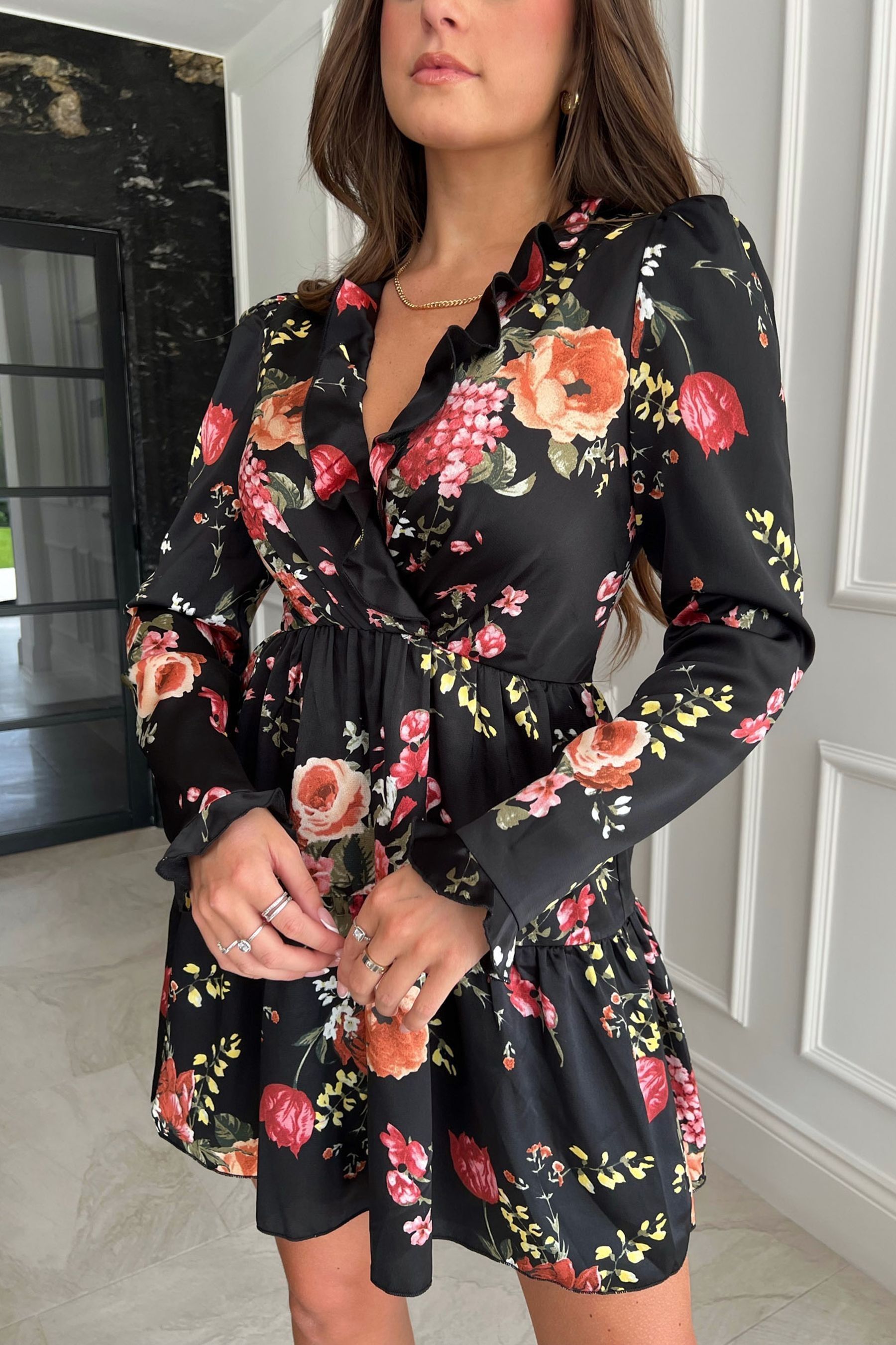 Buy Girl In Mind Black Petite Hannah Frill Detail Wrap Mini Dress from Next Luxembourg